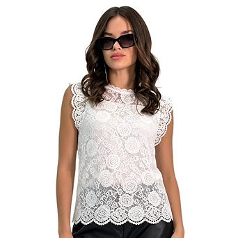 Women's Floral Lace Tops Sleeveless Mock See Through Mesh Applique Shirt