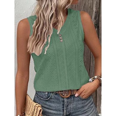 Women Eyelet Tank Top Sleeveless V Neck Beach Vest Shirts