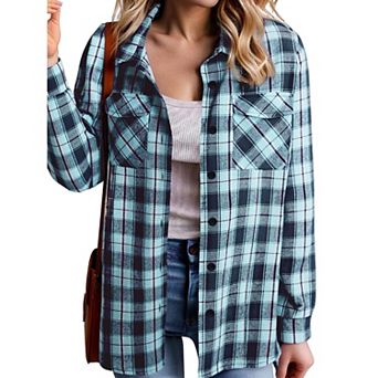 Zeagoo Women's Oversized Flannel Plaid Button Up Blouses Long Sleeve Western Fall Tops