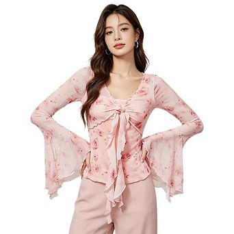 Women's Y2K Cute Bell Sleeve Tops Floral Lace Print Mesh Summer Long Sleeve Going Out Shirts
