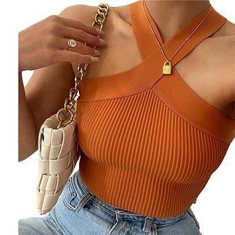 Women's Ribbed Knit Slim Fitted Tank Top Casual Criss Cross Halter Crop Tops Stylish