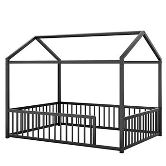 Pnronnc Montessori Floor Bed House Shape Frame Grounded Bed with Vertical Safe Guardrails, No Slats