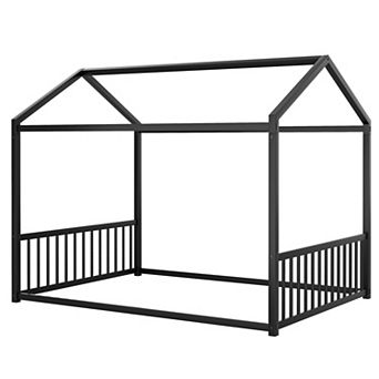 Pnronnc Montessori Floor Bed House Shape Frame Grounded Bed with Vertical Safe Guardrails, No Slats