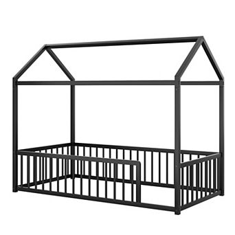 Pnronnc Montessori Floor Bed House Shape Frame Grounded Bed with Vertical Safe Guardrails, No Slats