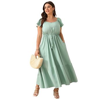 Women Plus Size Boho Short Sleeves High Waist Ruffle Casual Maxi Dress with Pockets