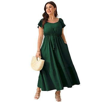 Women Plus Size Boho Short Sleeves High Waist Ruffle Casual Maxi Dress with Pockets
