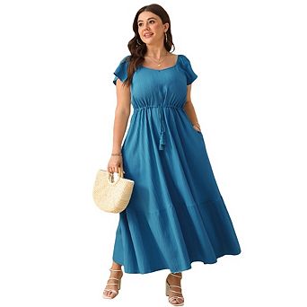 Women Plus Size Boho Short Sleeves High Waist Ruffle Casual Maxi Dress with Pockets