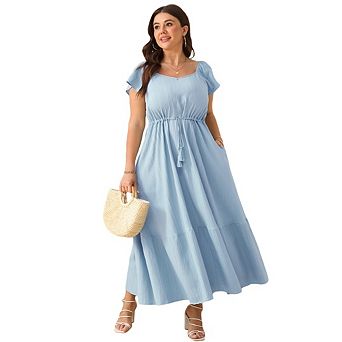 Women Plus Size Boho Short Sleeves High Waist Ruffle Casual Maxi Dress with Pockets