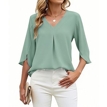 Womens 3/4 Sleeve Flowy Shirts V Neck Dressy Casual Blouses Office Work Tops