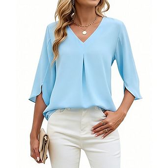 Womens 3/4 Sleeve Flowy Shirts V Neck Dressy Casual Blouses Office Work Tops