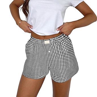 Womens Lounge Shorts Elastic Waist Plaid Button Front Pajama Bottoms Shorts