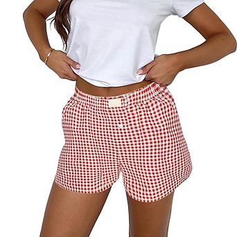 Womens Lounge Shorts Elastic Waist Plaid Button Front Pajama Bottoms Shorts