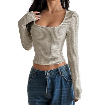 Women Long Sleeve Shirts Ribbed Knit Square Neck Top Casual Basic Fitted Slim Crop Tops Outfits