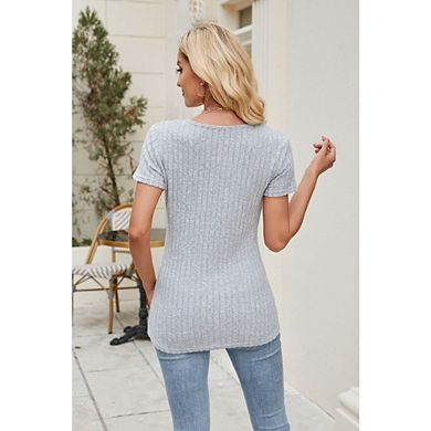 Women's Rib Crew Neck Top Short Sleeves Side Button Asymmetric Hem for Casual Office