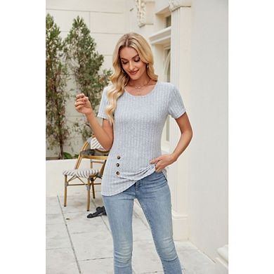 Women's Rib Crew Neck Top Short Sleeves Side Button Asymmetric Hem for Casual Office