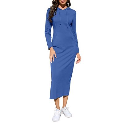long sleeve maxi sweatshirt dress Maxi Long Sleeve Hooded Sweatshirt Dress with Pockets Black (1) / S / Cotton