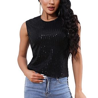 Womens Sequin Sleeveless Vest Scoop Neck Sequin Sparkle Shimmer Tanks Top for Cocktail Party