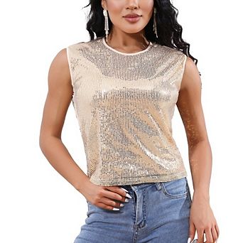 Womens Sequin Sleeveless Vest Scoop Neck Sequin Sparkle Shimmer Tanks Top for Cocktail Party