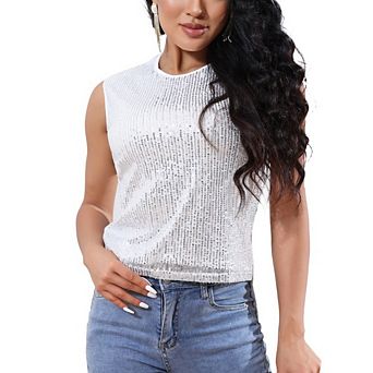 Womens Sequin Sleeveless Vest Scoop Neck Sequin Sparkle Shimmer Tanks Top for Cocktail Party