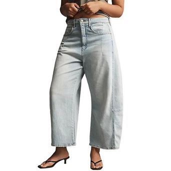 Women's Casual Y2K Cropped Jeans High Waist Wide Leg Light Wash with Pockets