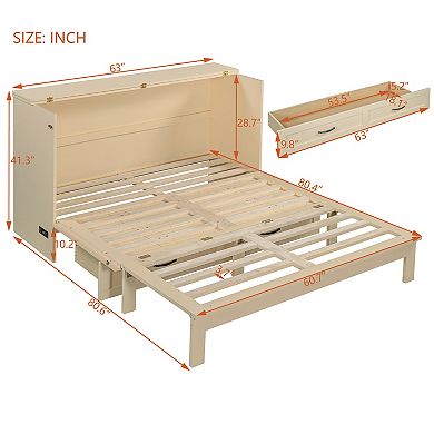 Pnronnc Convertible Murphy Wall Bed Queen Size Folding Platform Bed with Drawers