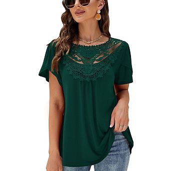Womens Boho Beach Vacation Clothes Tops Lace Neck Pleated Flower Bud Short Sleeve T Shirts