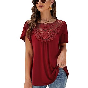 Womens Boho Beach Vacation Clothes Tops Lace Neck Pleated Flower Bud Short Sleeve T Shirts