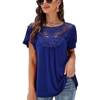 Womens Boho Beach Vacation Clothes Tops Lace Neck Pleated Flower Bud Short Sleeve T Shirts