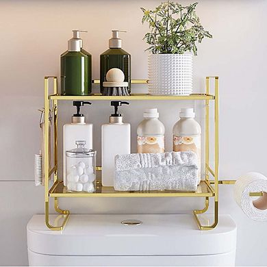 Over Toilet Storage Shelf 2-tier Bathroom Storage Organizer w/2 Hooks Paper Holder Metal Space
