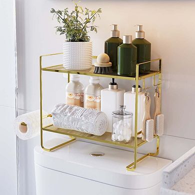 Over Toilet Storage Shelf 2-tier Bathroom Storage Organizer w/2 Hooks Paper Holder Metal Space
