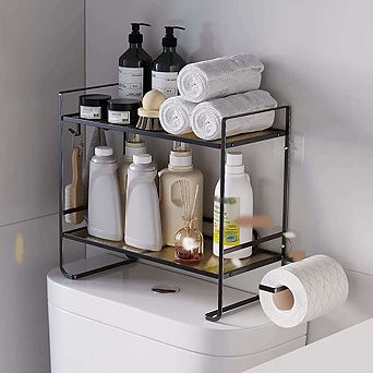Over Toilet Storage Shelf 2 tier Bathroom Storage Organizer w/2 Hooks Paper Holder Metal Space