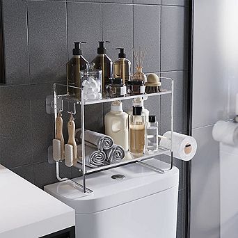 Over Toilet Storage Shelf 2 tier Bathroom Storage Organizer w/2 Hooks Paper Holder Metal Space