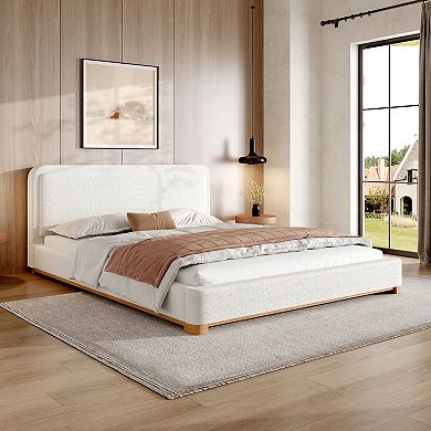 Pnronnc Modern Boucle Upholstered Platform Bed Frame with Padded Headboard, No Box Spring Needed