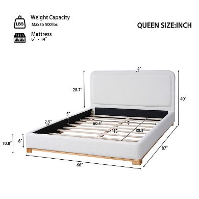 Pnronnc Modern Boucle Upholstered Platform Bed Frame with Padded Headboard, No Box Spring Needed
