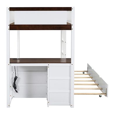 Pnronnc Wooden Bunk Bed with Twin Size Trundle Bed and Desk