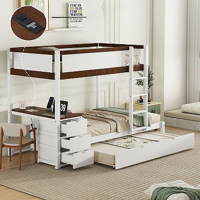 Pnronnc Wooden Bunk Bed with Twin Size Trundle Bed and Desk