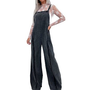 Women Loose Fit Denim Jumpsuit Straps Wide Leg Long Pants Frayed Overalls