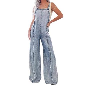 Women Loose Fit Denim Jumpsuit Straps Wide Leg Long Pants Frayed Overalls