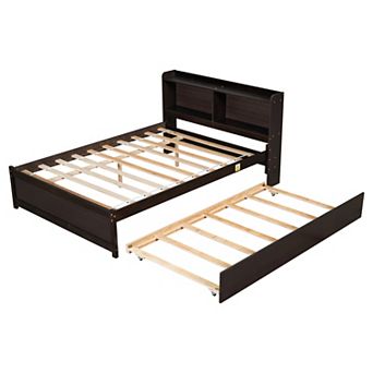 Pnronnc Platform Bed with Trundle Bed and Bookcase Headboard