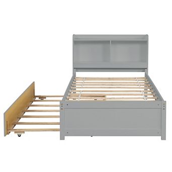 Pnronnc Platform Bed with Trundle Bed and Bookcase Headboard