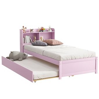 Pnronnc Platform Bed with Trundle Bed and Bookcase Headboard
