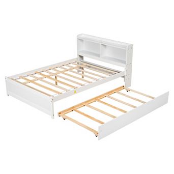 Pnronnc Platform Bed with Trundle Bed and Bookcase Headboard