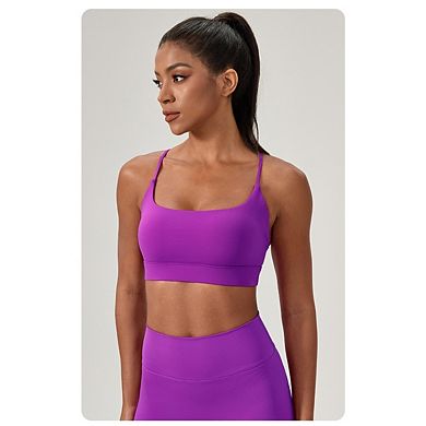 Adjustable Spaghetti Strap Sports Bras for Women Stretchy Scoop Neck Wireless Padded Workout Top