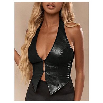 Women's Party Crop Tank Top Y2K PU Leather Halter Neck Hook Eye Backless Asymmetrical Style