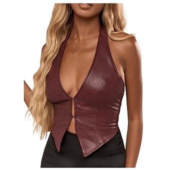 Women's Party Crop Tank Top Y2K PU Leather Halter Neck Hook Eye Backless Asymmetrical Style