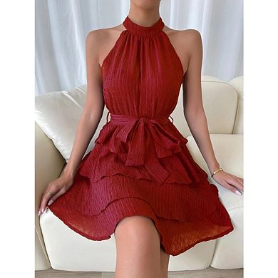 Women Halter Flowy Babydoll Tiered Pleated Beach Sundresses