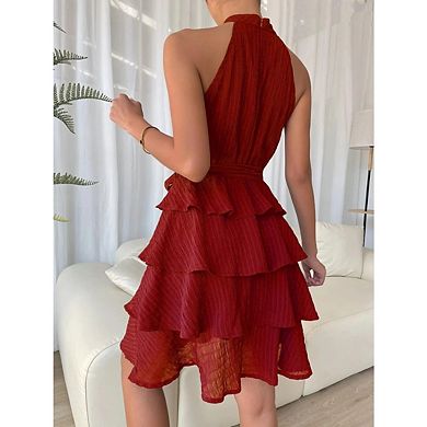 Women Halter Flowy Babydoll Tiered Pleated Beach Sundresses