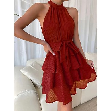 Women Halter Flowy Babydoll Tiered Pleated Beach Sundresses