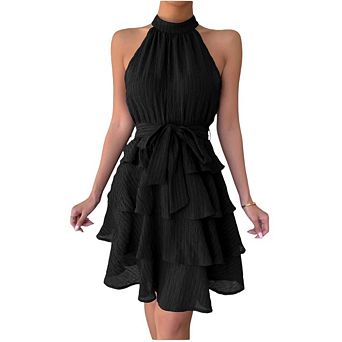 Women Halter Flowy Babydoll Tiered Pleated Beach Sundresses
