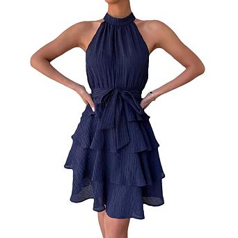 Women Halter Flowy Babydoll Tiered Pleated Beach Sundresses